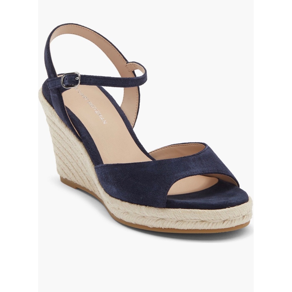 Stuart Weitzman Navy Blue Suede Espadrille Wedge Sandals Ankle Strap Size 6